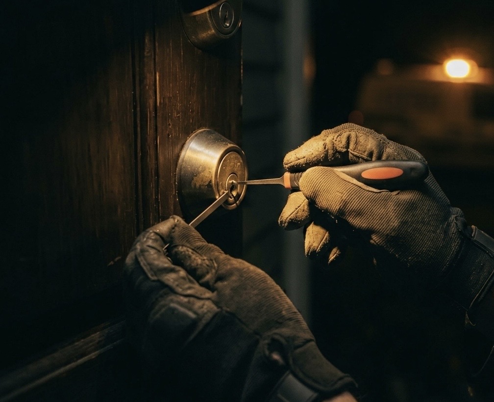 Locksmith working on a door lock at night